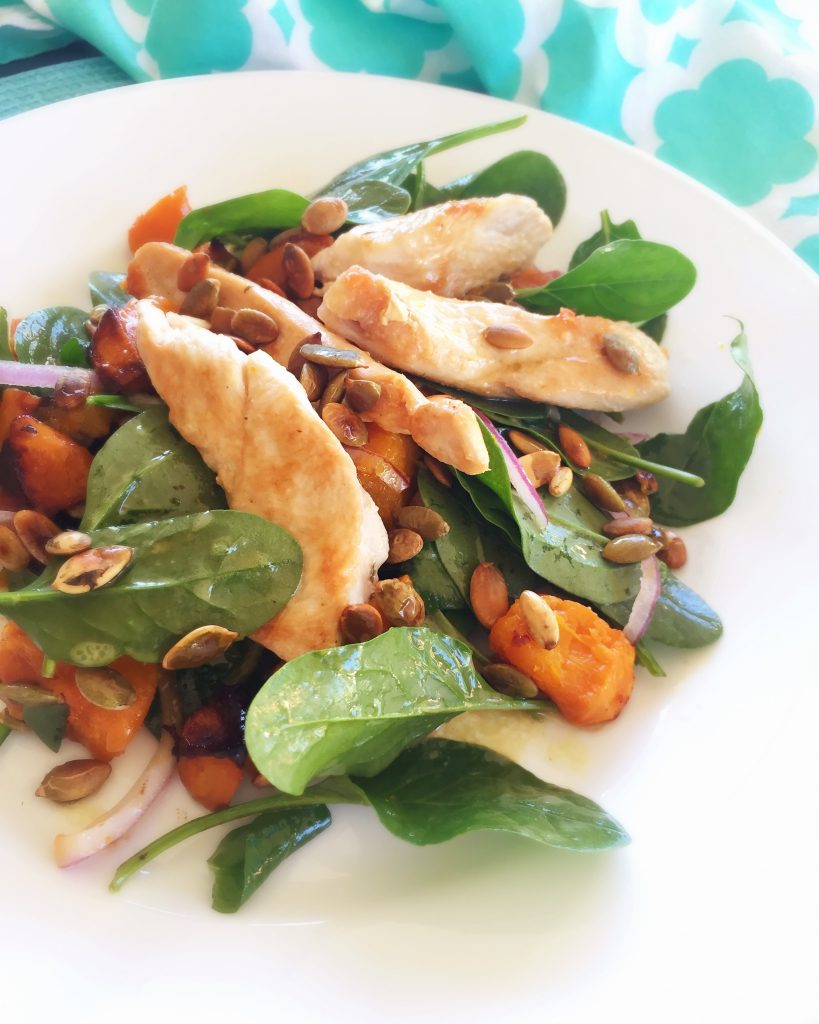Roasted Pumpkin & Spinach Salad with Grilled Chicken